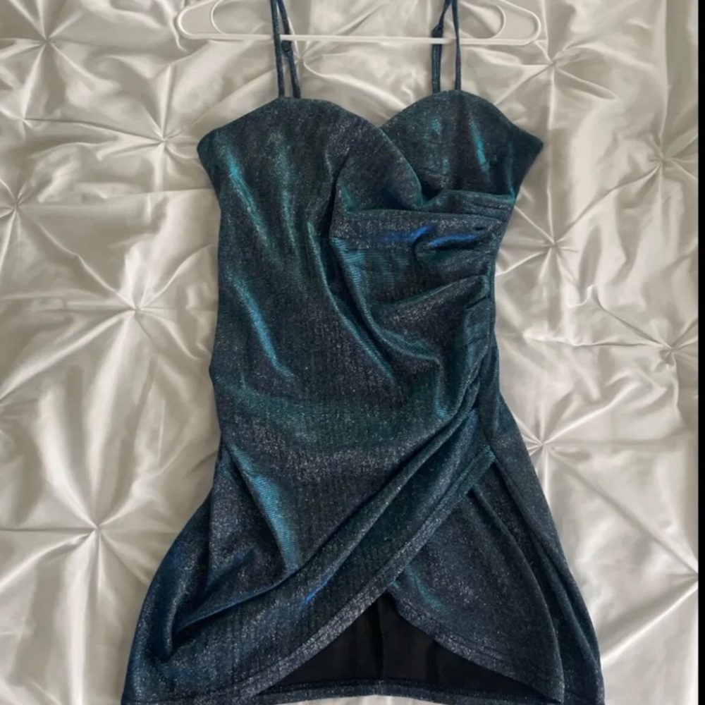 Cider Bodycon Hot Night Out Sweetheart Neckline Mini Dress - Blue & Glitter